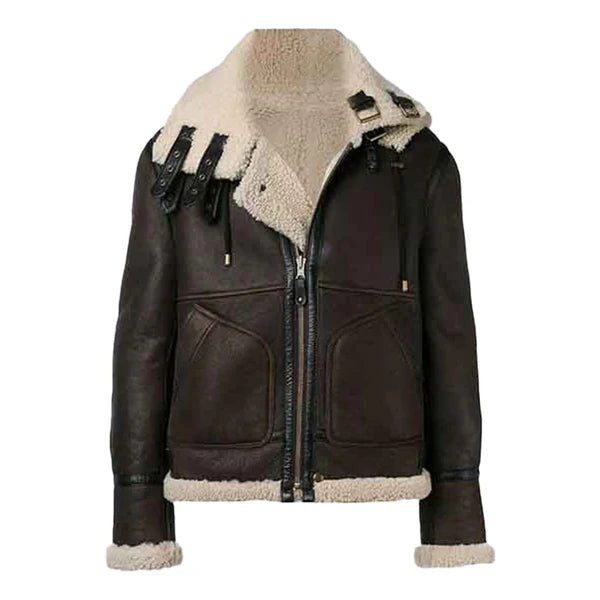 Men's Hooded Faux Shearling Brown Leather Jacket