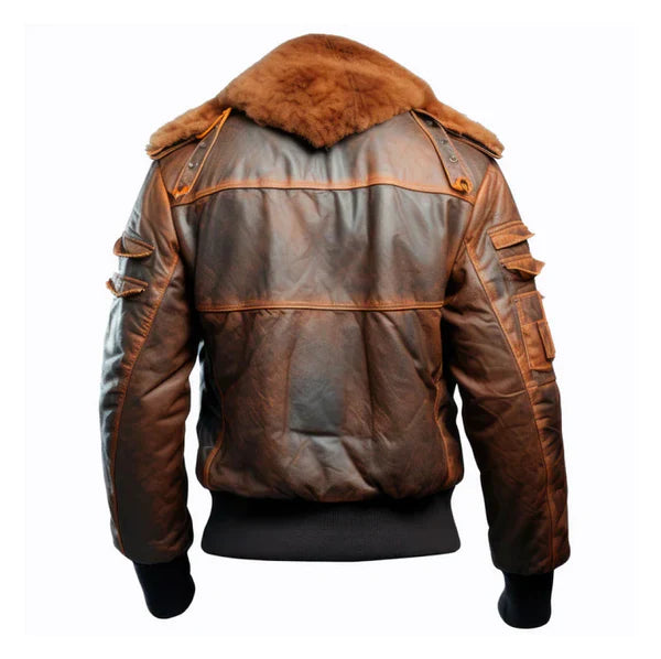 Men's Flight Faux Shearling Lapel Bomber Brown Leather Jacket