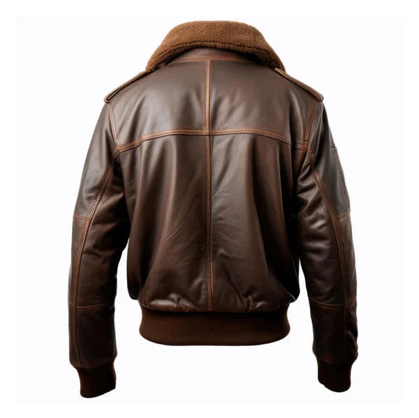 Men's Pilot Faux Shearling Lapel Brown Bomber Leather Jacket