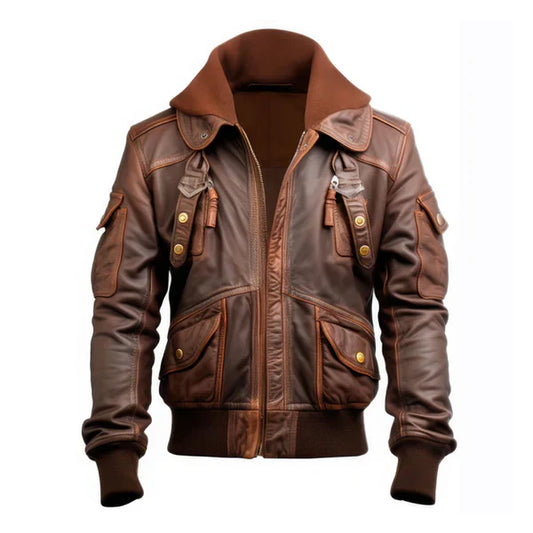 Men's Flight Lapel Hooded Faux Shearling Brown Leather Jacket