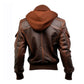 Men's Flight Lapel Hooded Faux Shearling Brown Leather Jacket