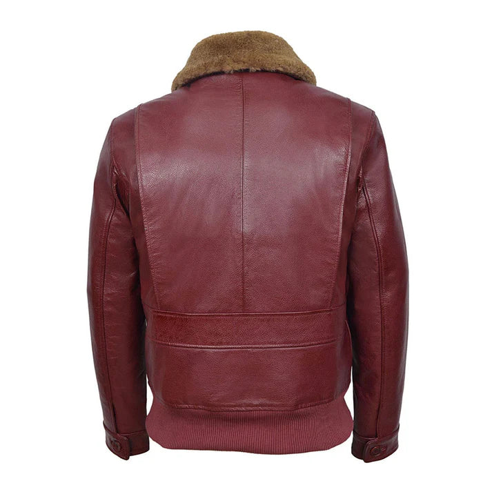 Men's Aviator Jet Fighter Maroon Faux Shearling Bomber Leather Jacket