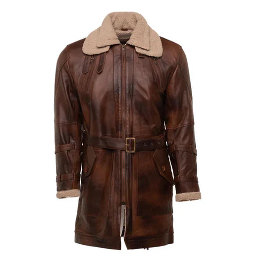 Rust Sherpa Vintage Lining Premium Leather Trench Coat