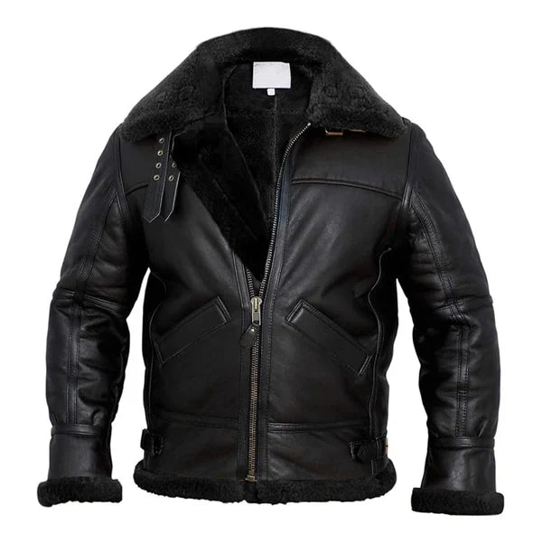 Men's Adjustable Collar Faux Shearling Leather Jacket