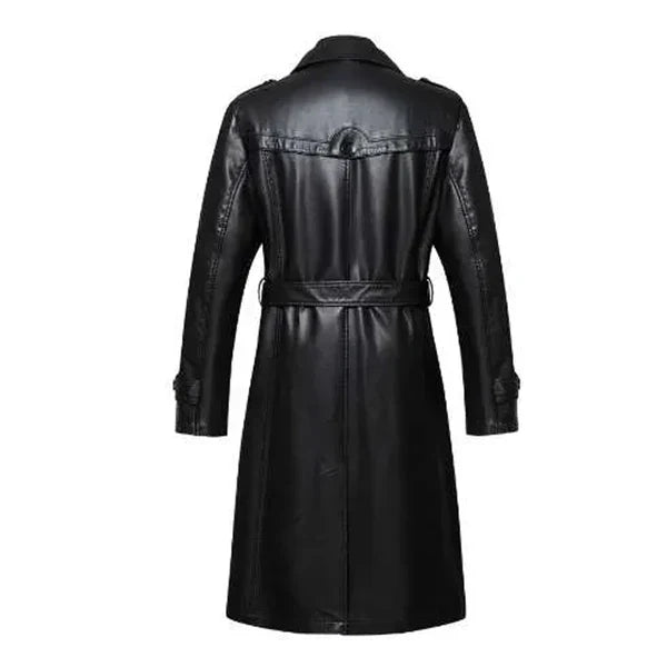 Double Collar Long Trench Genuine Black Leather Coat