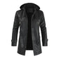 Fashionable Hooded Black Long Leather Motorcycle Coat