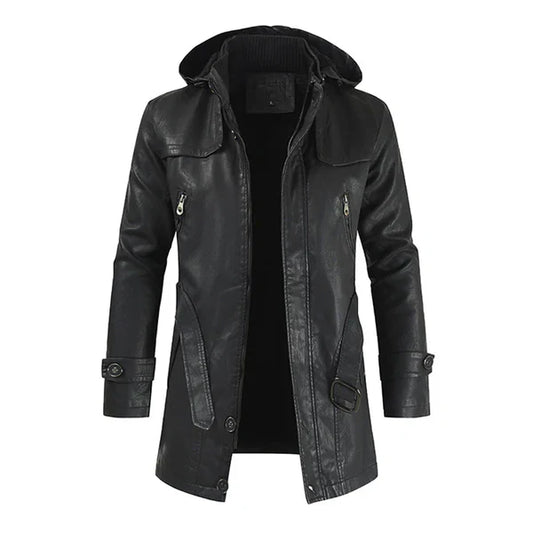 Fashionable Hooded Black Long Leather Motorcycle Coat