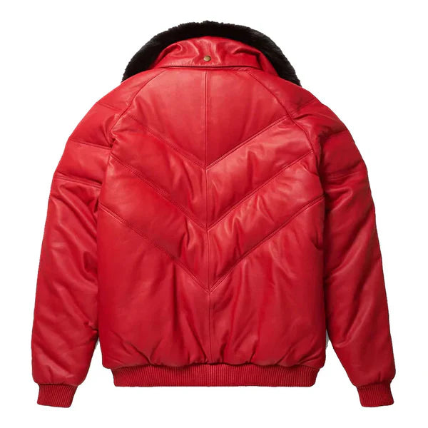 Men's V-Bomber Faux Shearling Red Leather Jacket