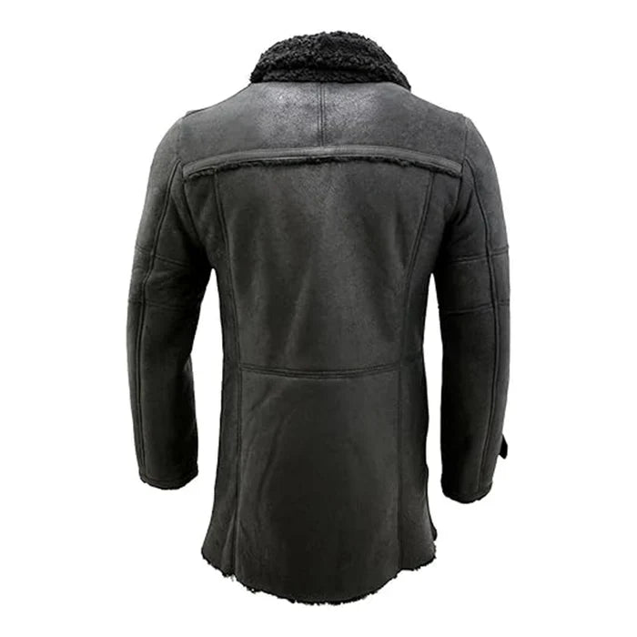 Reefer Double-Breasted Warm Black Leather Coat