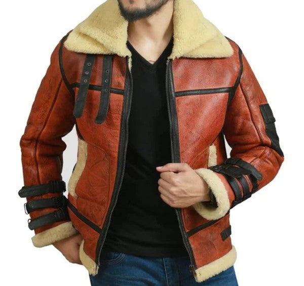 Men's RAF B3 Faux Shearling Aviator Bomber Leather Jacket