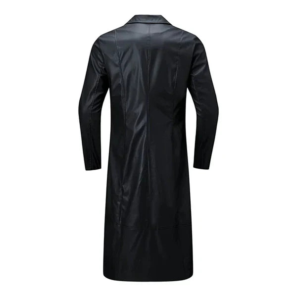 Button Closure Black Leather Long Coat