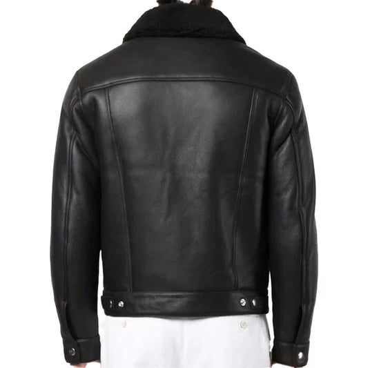 Men's Faux Shearling Fur Collar Black Bomber Leather Jacket