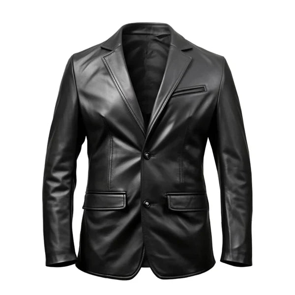 Stylish Button Closure Blazer Black Leather Coat