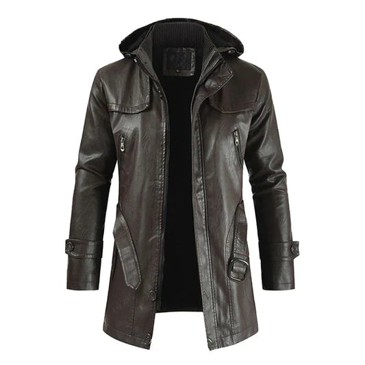 Fashion Hooded Long Camel Leather Motorcycle Coat