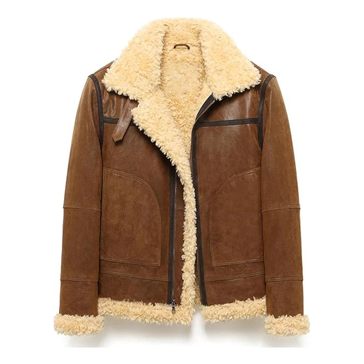 Men's Aviator Adjustable Warm Faux Shearling Leather Jacket