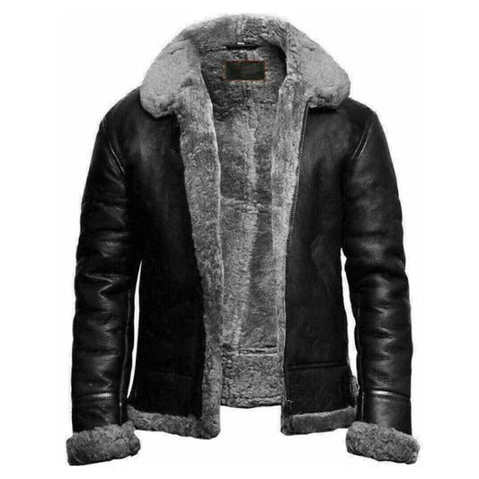 Men's Faux Shearling Lining Black Leather Jacket