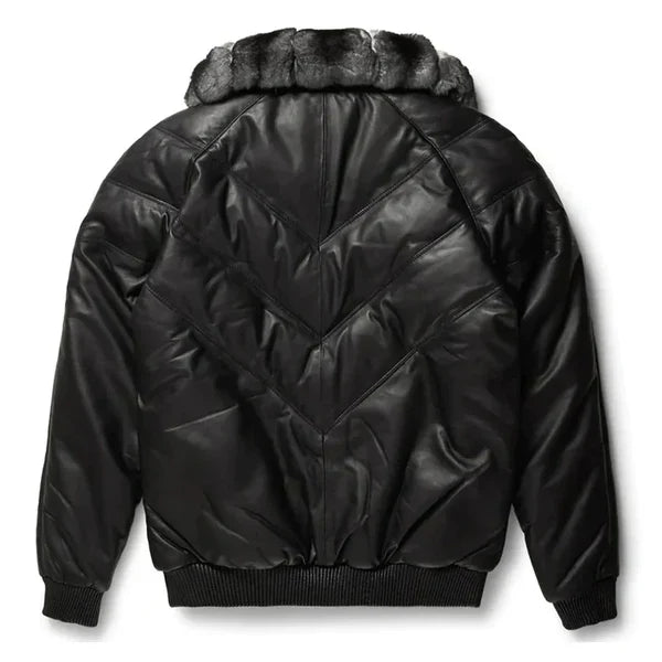 Men's V-Bomber Full Fox Collar Faux Shearling Black Leather Jacket