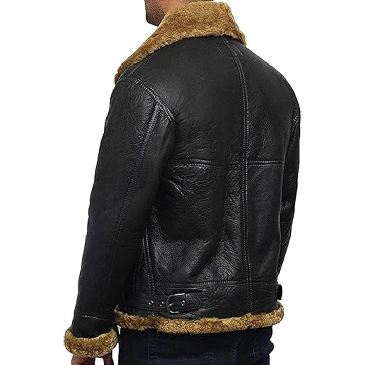 Men's B3 Faux Shearling Flying Bomber Black Leather Jacket