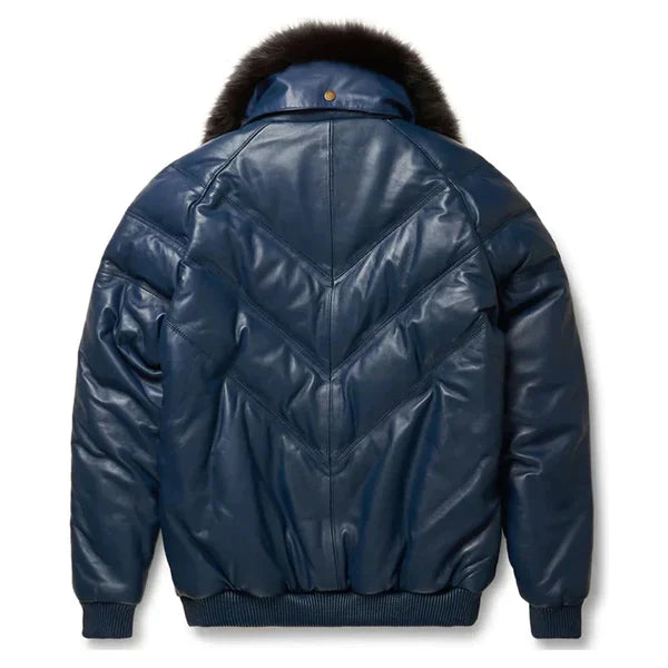 Men's V-Bomber Faux Shearling Navy Blue Leather Jacket