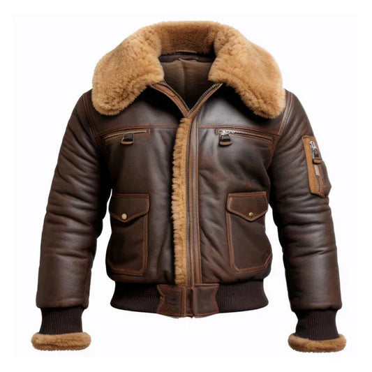 Men's Aviator Lapel Brown Faux Shearling Bomber Leather Jacket