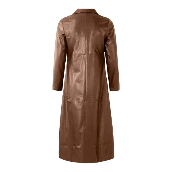 Classic Brown Long Trench Leather Motorcycle Coat