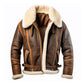 Men's Aviation Lapel Faux Shearling Brown Leather Jacket