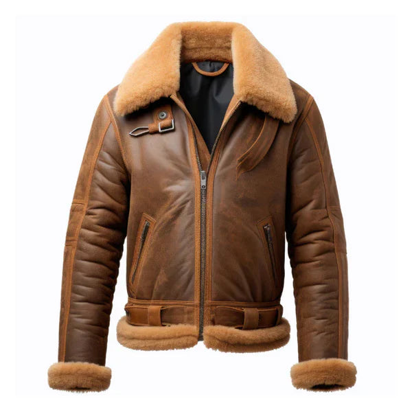 Men's B3 Brown Zipper Pockets Faux Shearling Leather Jacket