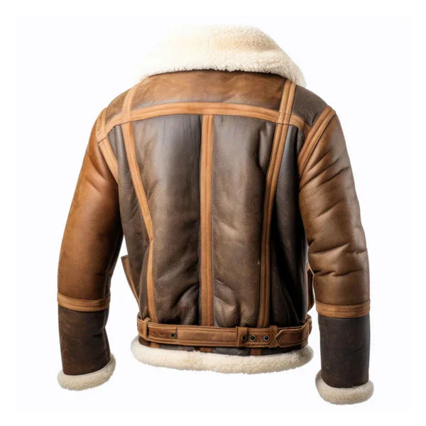 Men's Aviation Lapel Faux Shearling Brown Leather Jacket