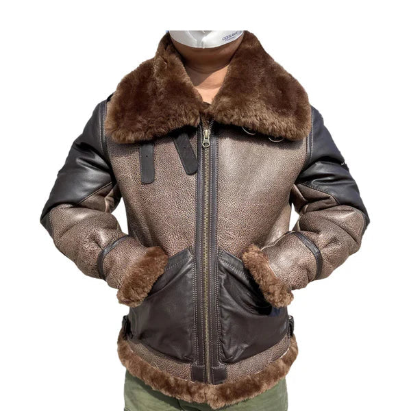 Men's Short Mixed Colors Pilot Faux Shearling Moto Real Leather Jacket