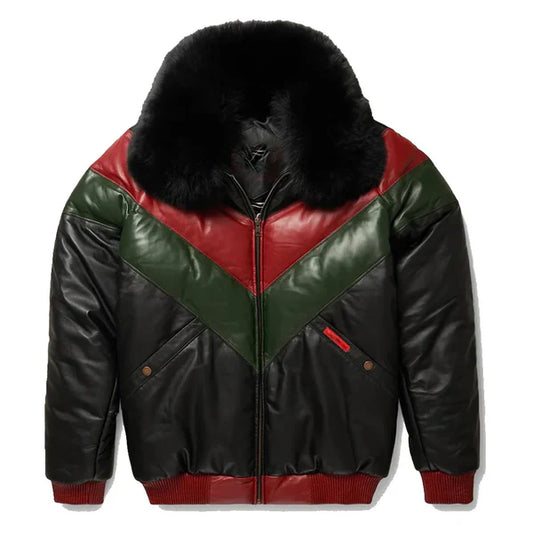 Men's V-Bomber Multicolor Faux Shearling Leather Jacket