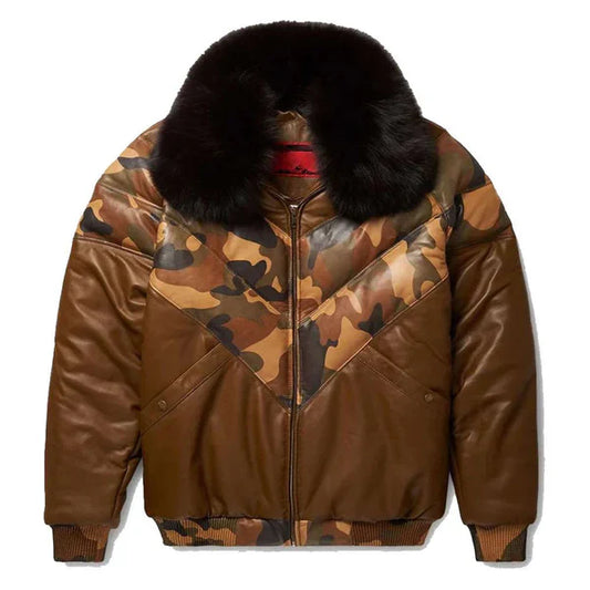 Men's V-Bomber Faux Shearling Brown Leather Jacket