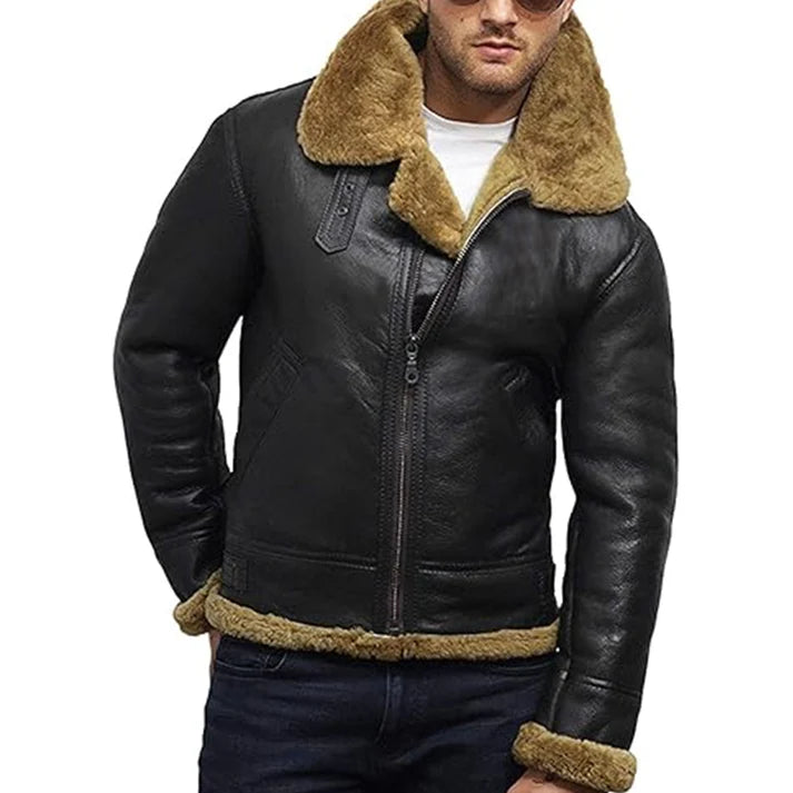 Men's B3 Faux Shearling Flying Bomber Black Leather Jacket