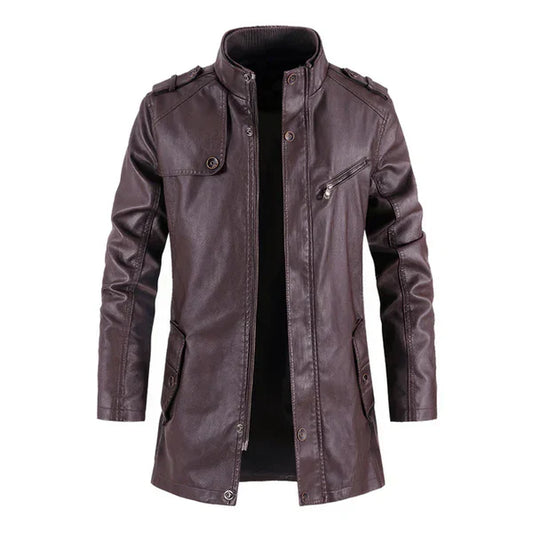 Vintage Casual Wine Stand Collar Leather Biker Coat