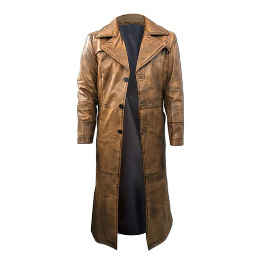 Below Knee Distressed Vintage Brown Long Leather Coat