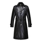 Double Collar Long Trench Genuine Black Leather Coat