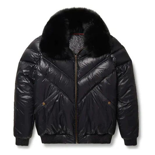 Men's V-Bomber Faux Shearling Black Leather Jacket