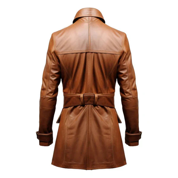 Erect Collar Brown Stylish Genuine Leather Coat