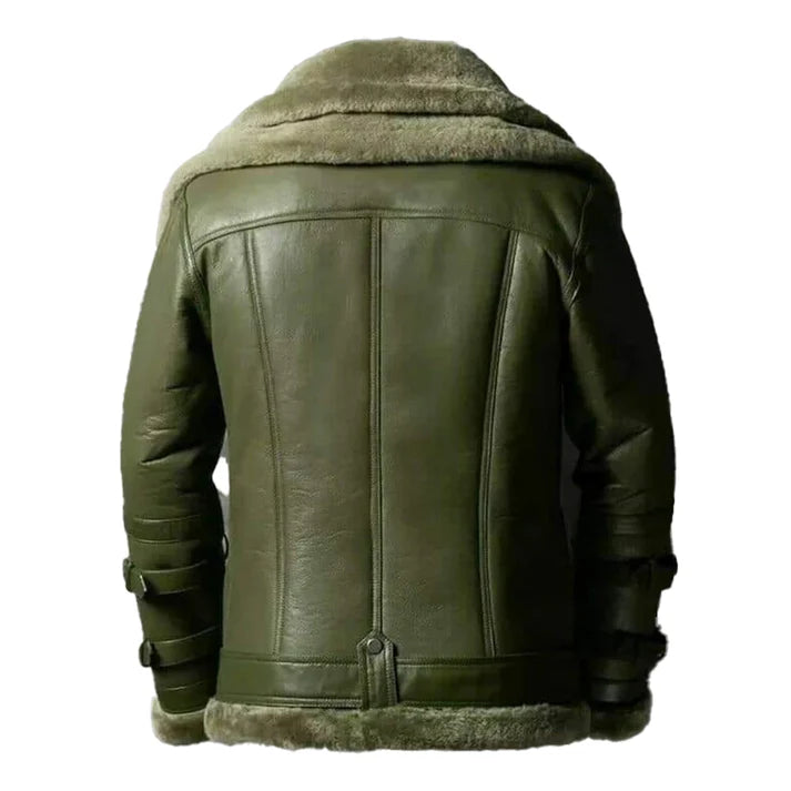 Men's Double Collar Green RAF Faux Shearling Bomber Jacket