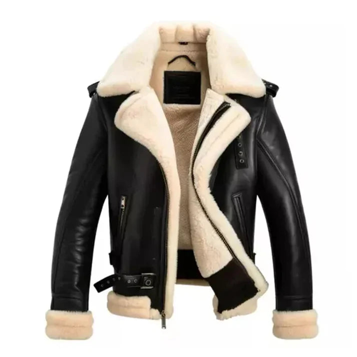 Men's Aviator Faux Shearling Black Bomber Leather Jacket