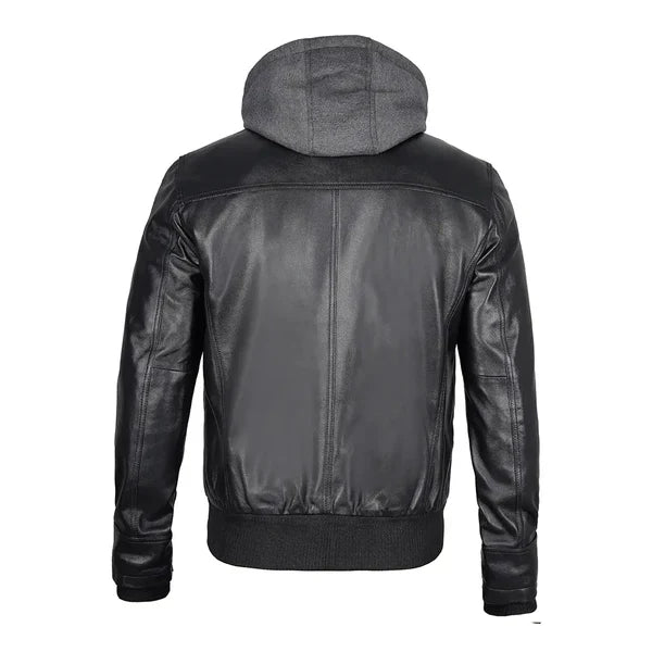 Men's Hoodie Grey Leather Jacket