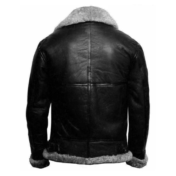 Men's Faux Shearling Lining Black Leather Jacket