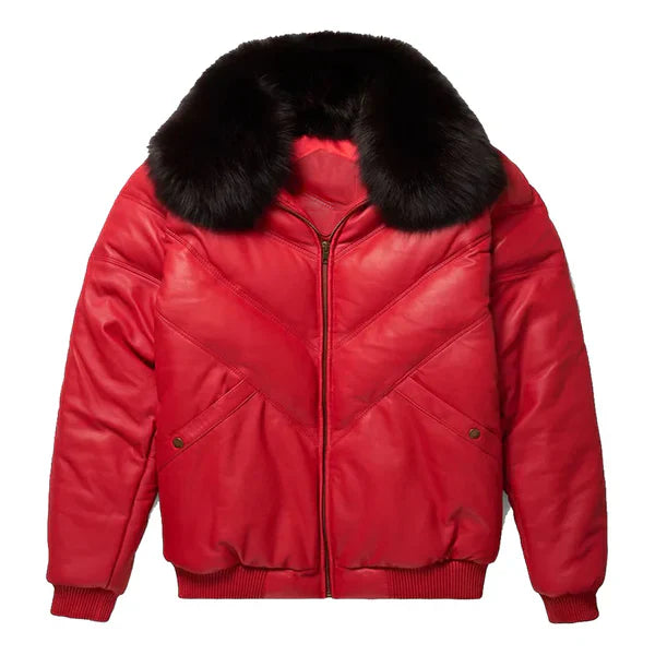 Men's V-Bomber Faux Shearling Red Leather Jacket