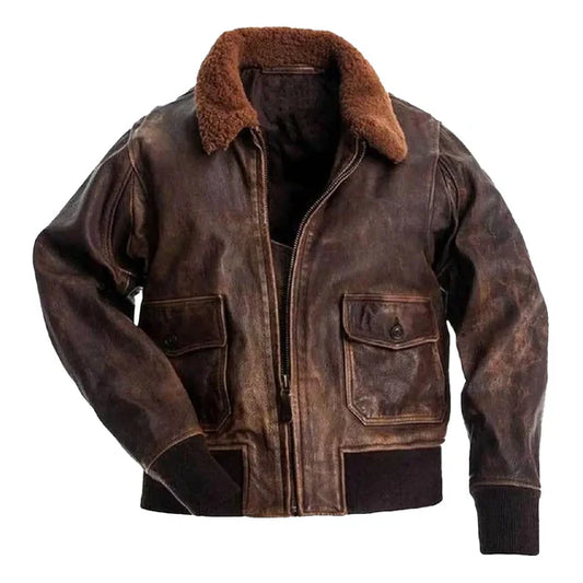 Men's G-1 Distressed Faux Shearling Brown Bomber Jacket