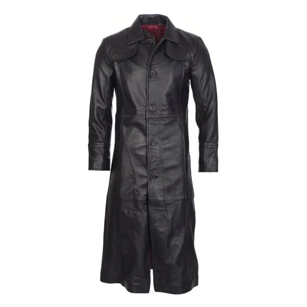 Full-Length Classic Black Leather Trench Coat