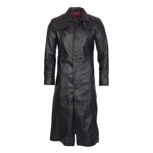 Full-Length Classic Black Leather Trench Coat