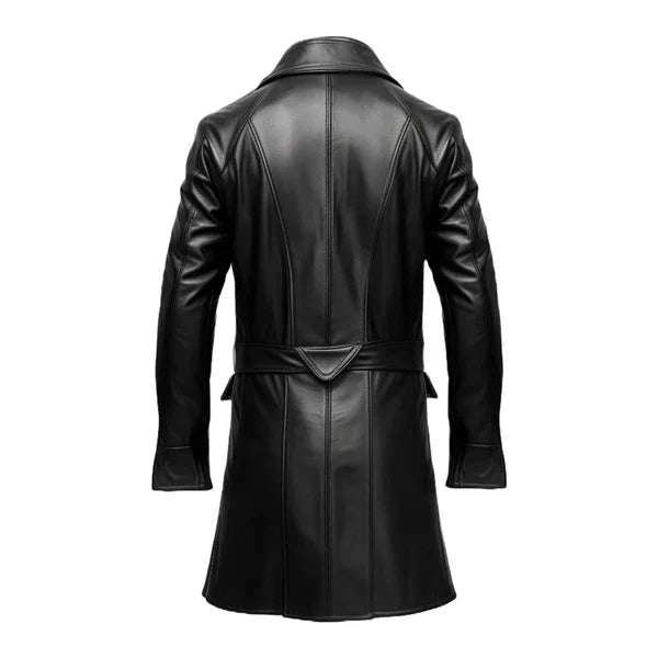 Strap Pocket Long Black Leather Coat