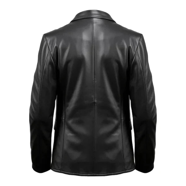 Stylish Button Closure Blazer Black Leather Coat