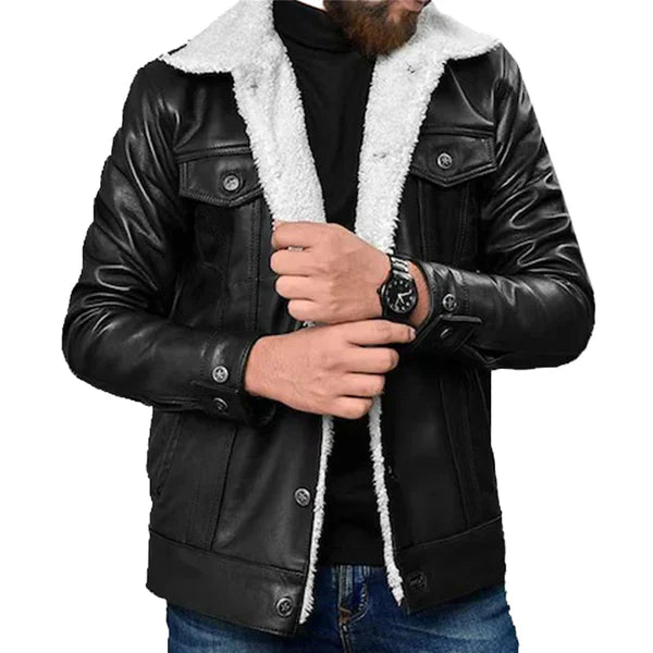 Men's Aviator Faux Shearling Black Leather Jacket