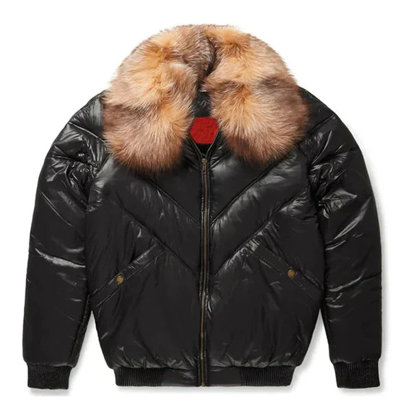 Men's V-Bomber Bubble Faux Shearling Black Leather Jacket