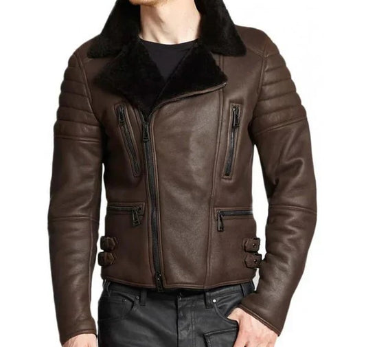 Men's Faux Shearling Cafe Black Bomber Leather Jacket